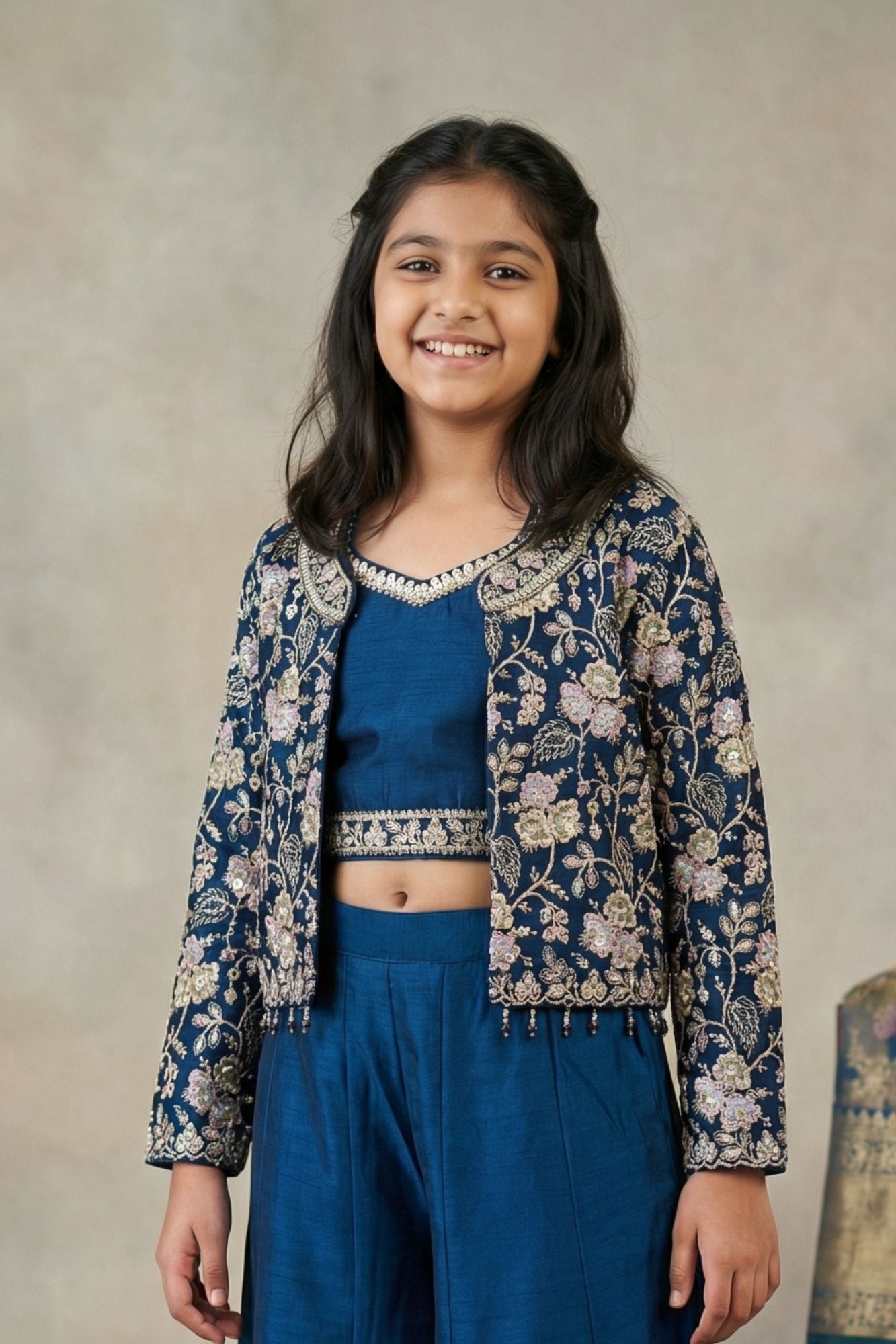 Blue Embroidered Palazzo Set With Jacket for Girls