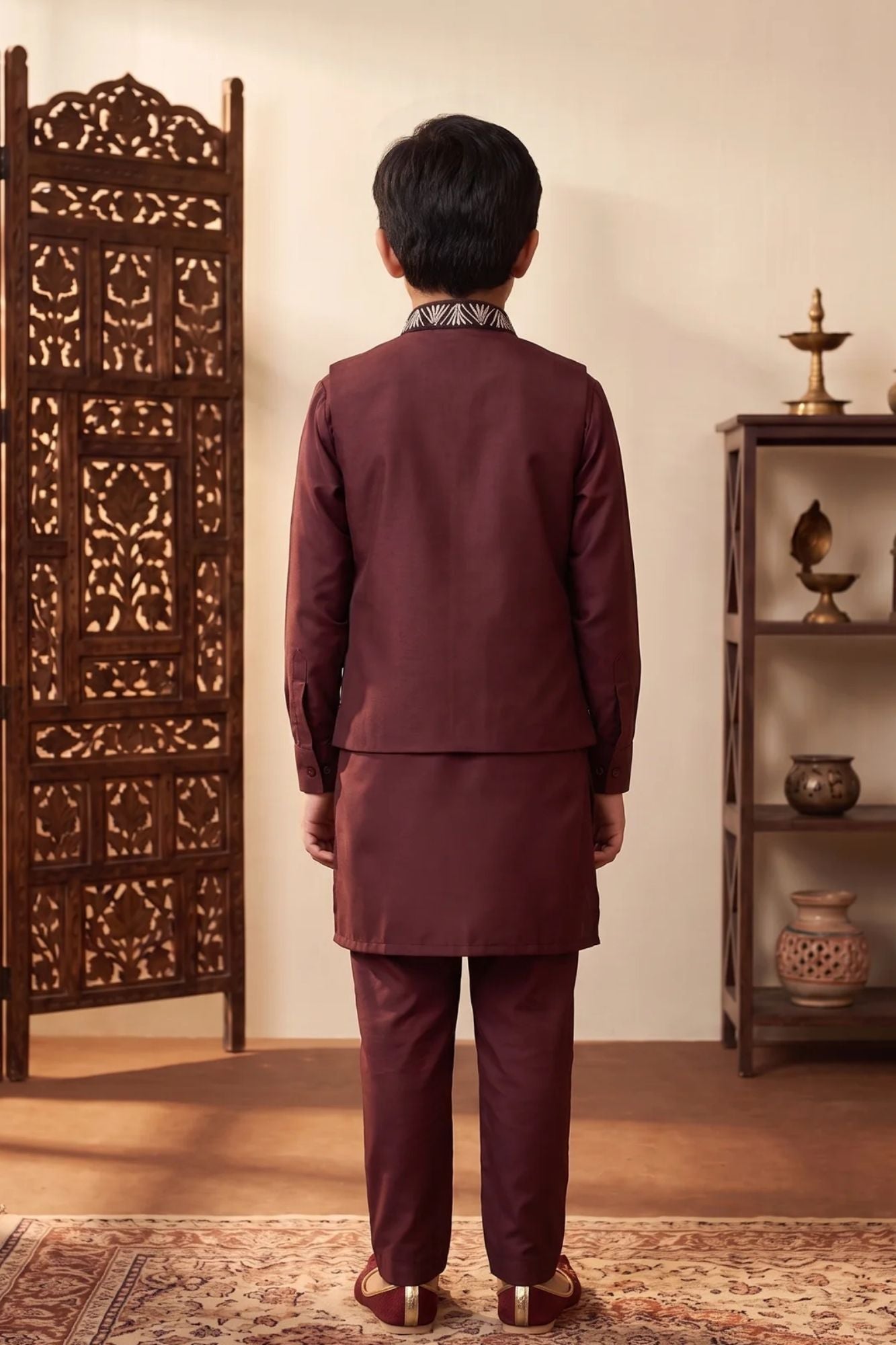 Boys Maroon Floral Embroidered And Sequin Embellished Kurta Set with Nehru Jacket