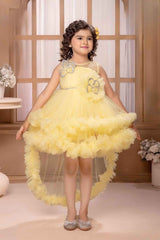 Lemon Yellow Sleeveless And Butterfly Embellished Tailback Frock For Girls