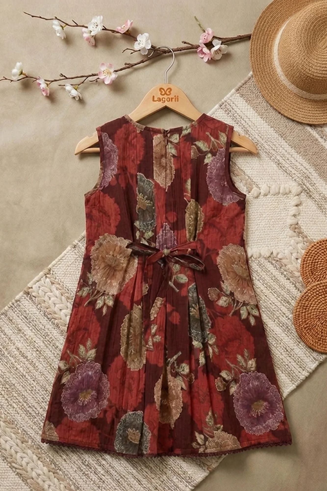 Girls Maroon Floral Printed Dress With Lace Panels and Pleats