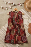 Girls Maroon Floral Printed Dress With Lace Panels and Pleats