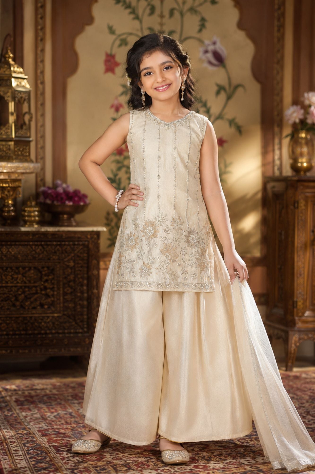 Girls Cream Palazzo Set with Floral Embroidered Kurti And Dupatta