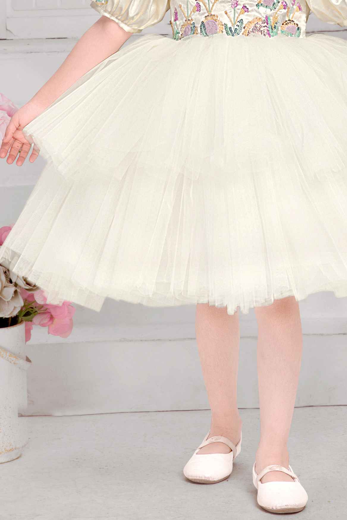 Elegant Cream Party Frock With Puffy Sleeves And Sequins Work For Girls
