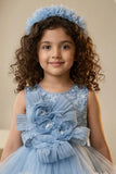 Girls Blue Party Frock with 3D Floral Detail and Layered Tulle