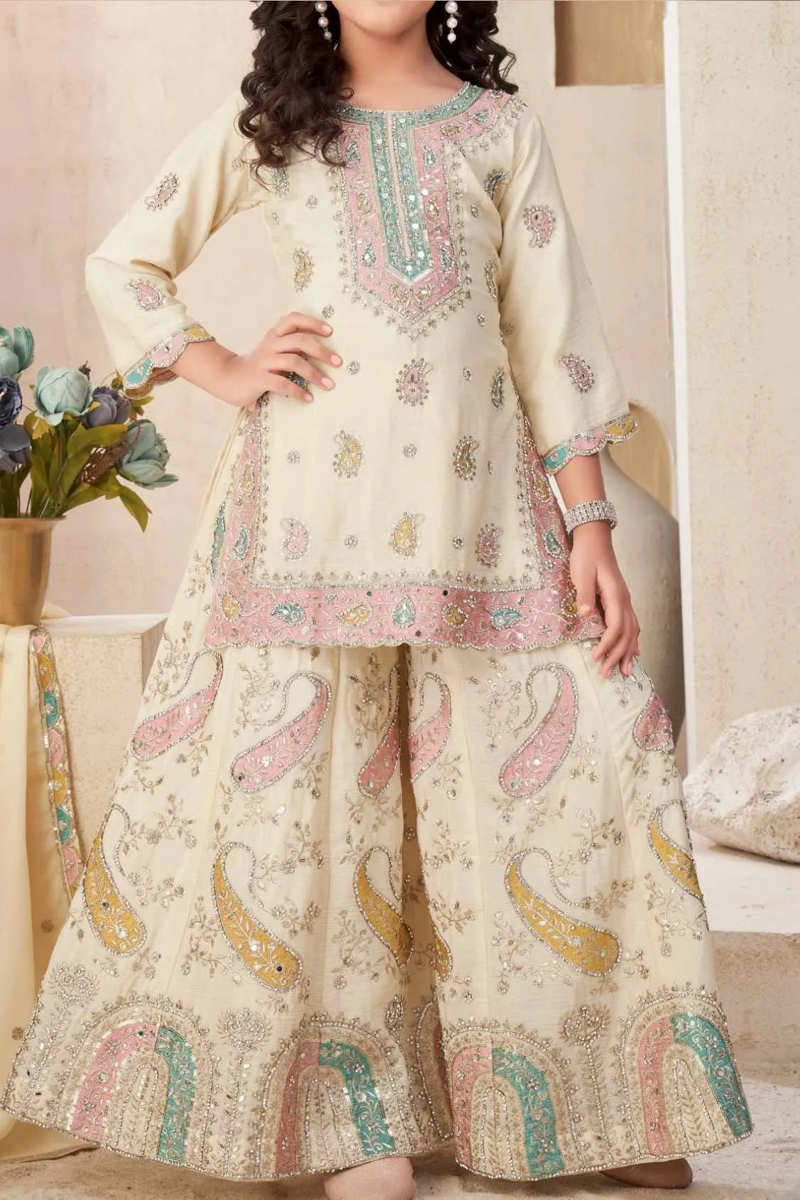 Cream Embroidered Palazzo Set for Girls
