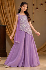 Girls Lavender Sequin Embroidered Asymmetric Palazzo Set With Dupatta