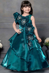 Blue Organza Gown With Floral Embellished For Girls