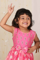 Pink Sleeveless Chanderi Silk Printed With Bow Embellishment Frock For Girls