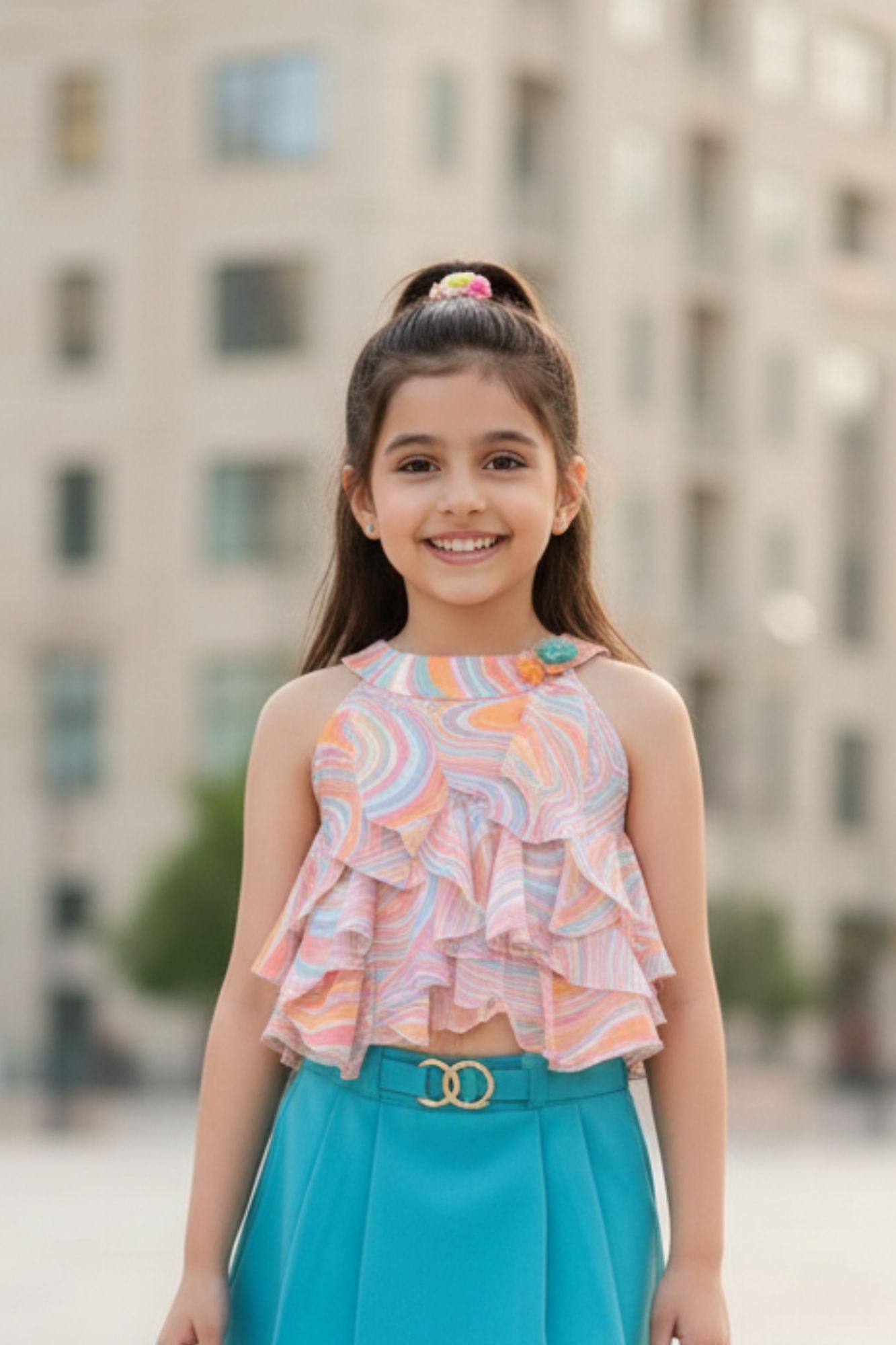 طقم أنيق من بلوزة وتنورة مطبوعة باللون الأزرق الفيروزي للبنات 