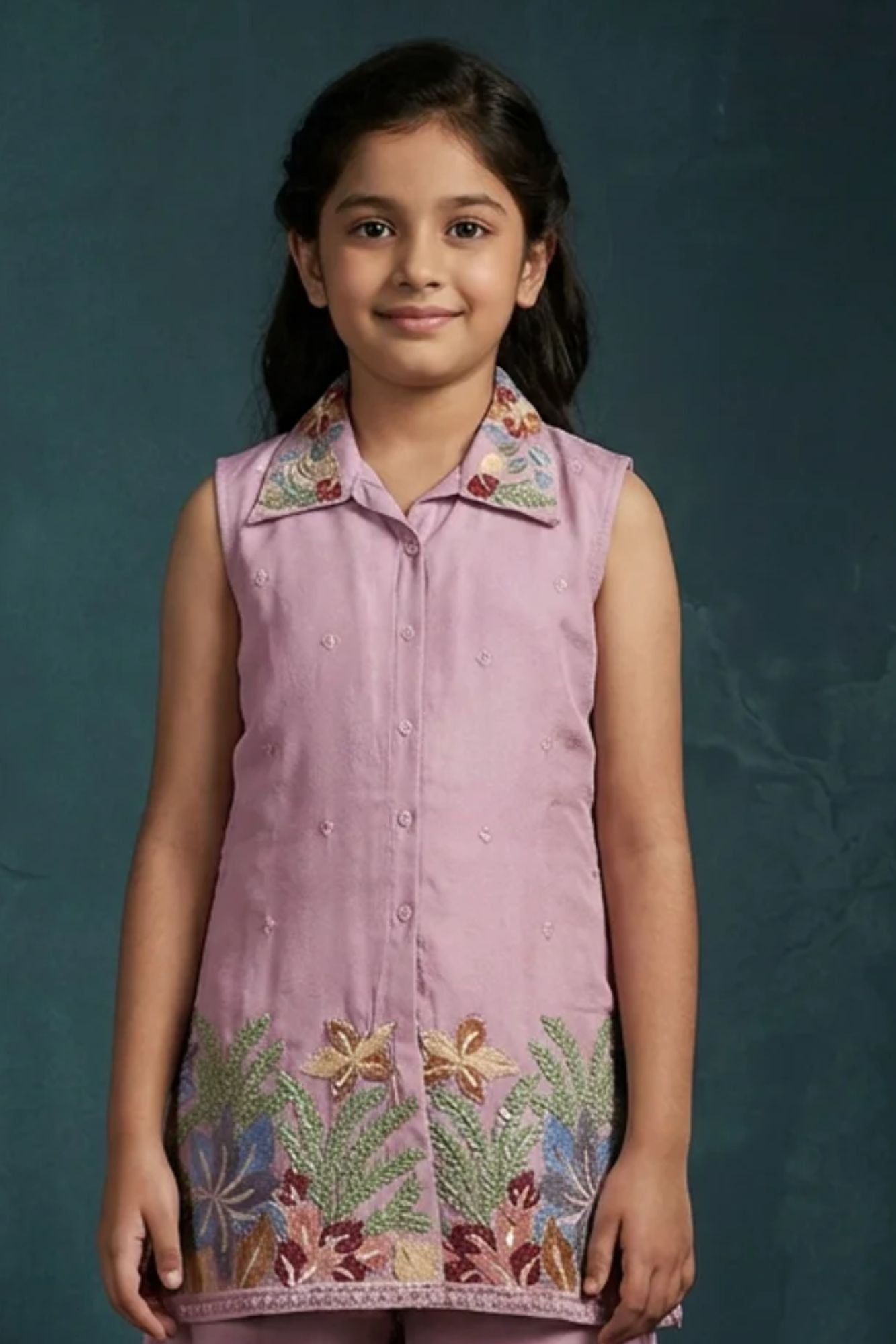 Pink Floral Embroidered Plazzo Set For Girls