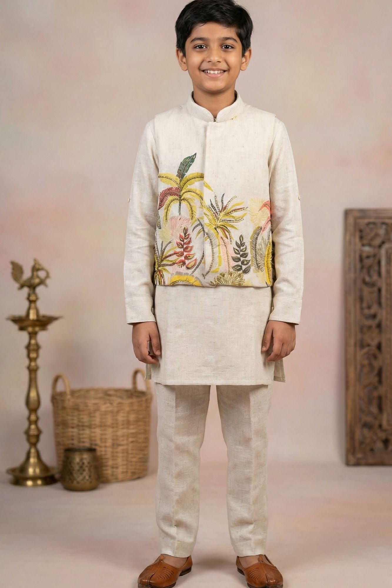 Beige Kurta Set  With Tropical Print Nehru Jacket For Boys