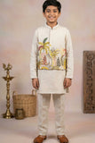 Beige Kurta Set  With Tropical Print Nehru Jacket For Boys