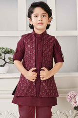 Classic Maroon Kurta Set With Overcoat For Boys