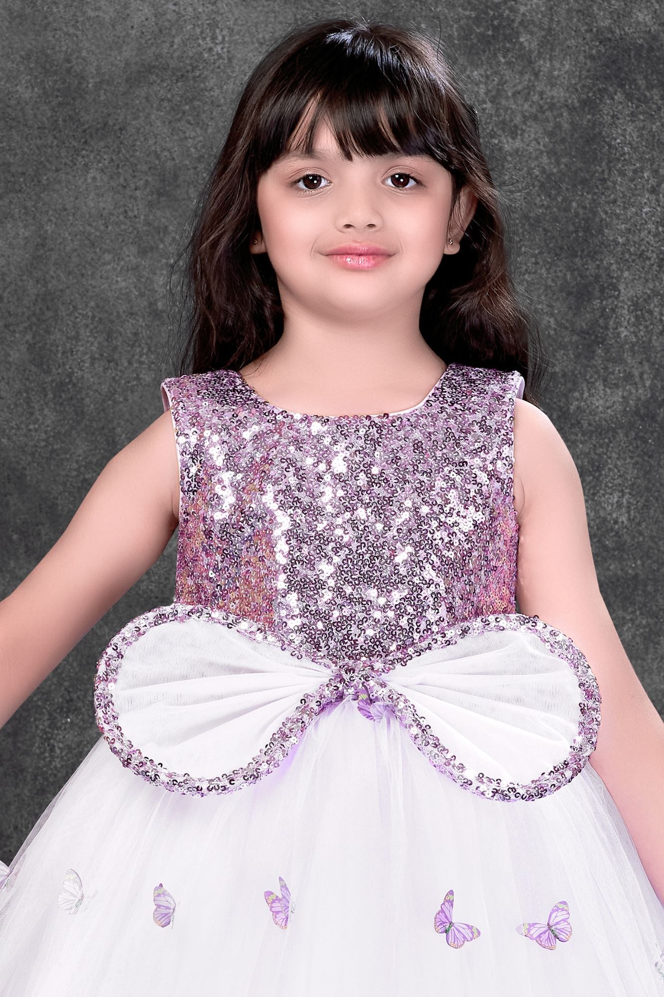 Lavender Butterfly Embroidered Party Wear Gown For Girls