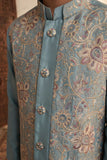 Boys Dusty Blue Floral And Paisley Embroidered Kurta Set With Nehru Jacket