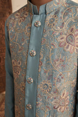 Boys Dusty Blue Floral And Paisley Embroidered Kurta Set With Nehru Jacket
