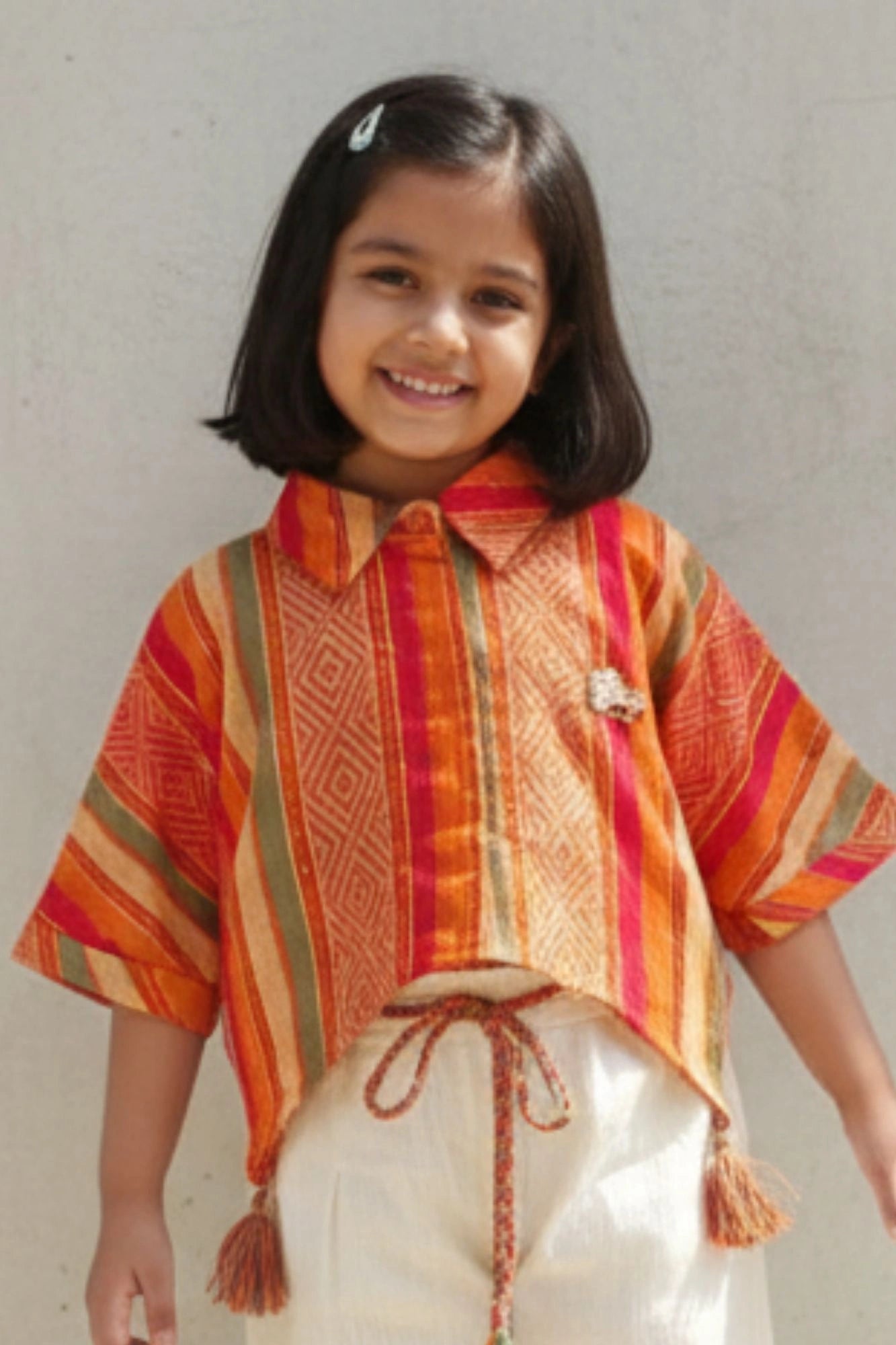 Vibrant Orange & Ivory Butterfly Embroidered Set For Girls