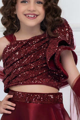 Maroon Organza Lehenga Choli And Dupatta For Girls