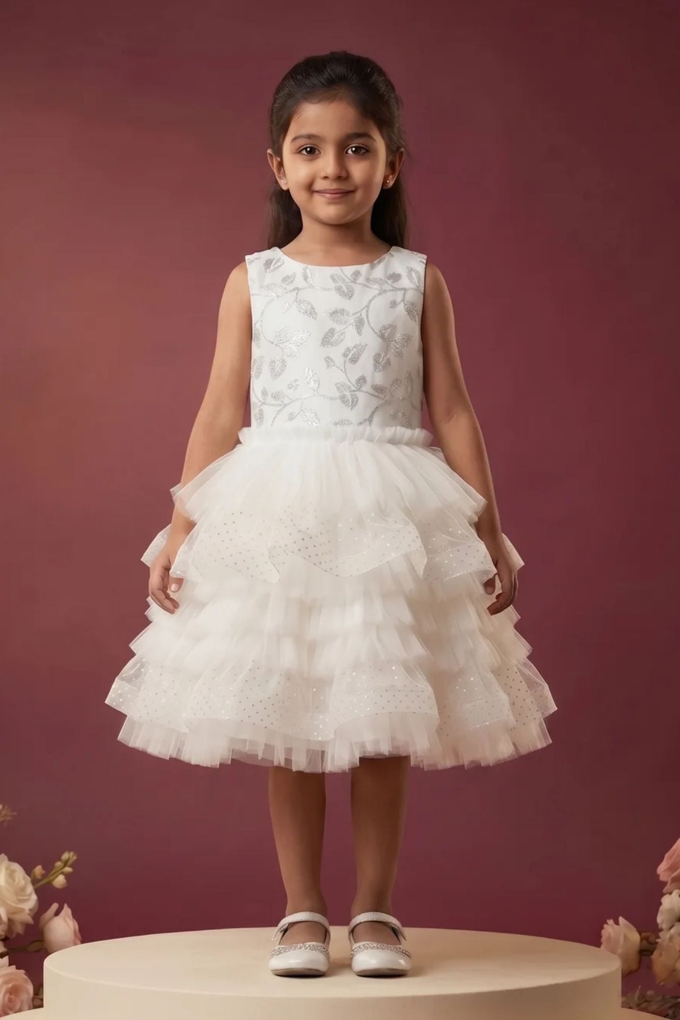 Girls White Embroidered Layered Net Party Wear Frock