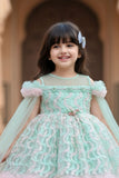 Mint Green And Pink Layered Ruffled Party Wear Frock with Cape For Girls