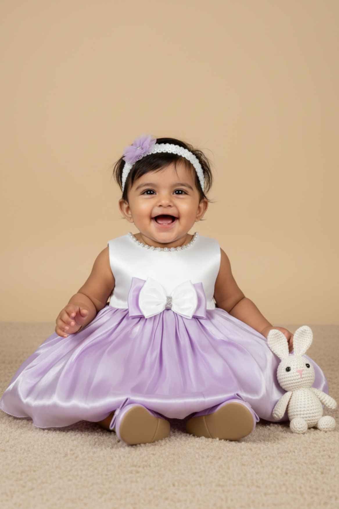 White & Lavender Satin Party Frock with Pearl Neckline and Bow Accent For Girls