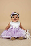 White & Lavender Satin Party Frock with Pearl Neckline and Bow Accent For Girls