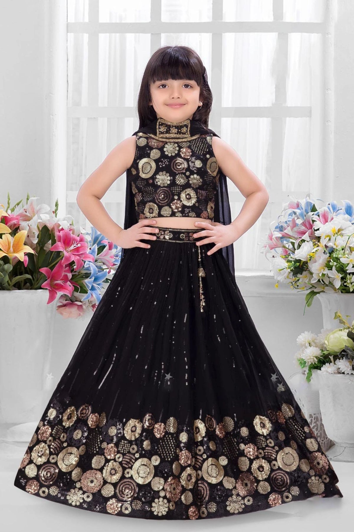 Black Embroidered Crop Top Lehenga Set with Dupatta For Girls