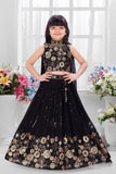 Black Embroidered Crop Top Lehenga Set with Dupatta For Girls