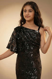 Black Sequin Embellished One-Shoulder Party Wear Gown For Girls
