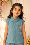 Aqua Blue Floral Embroidered Shirt & Wide-Leg Co-Ord Set