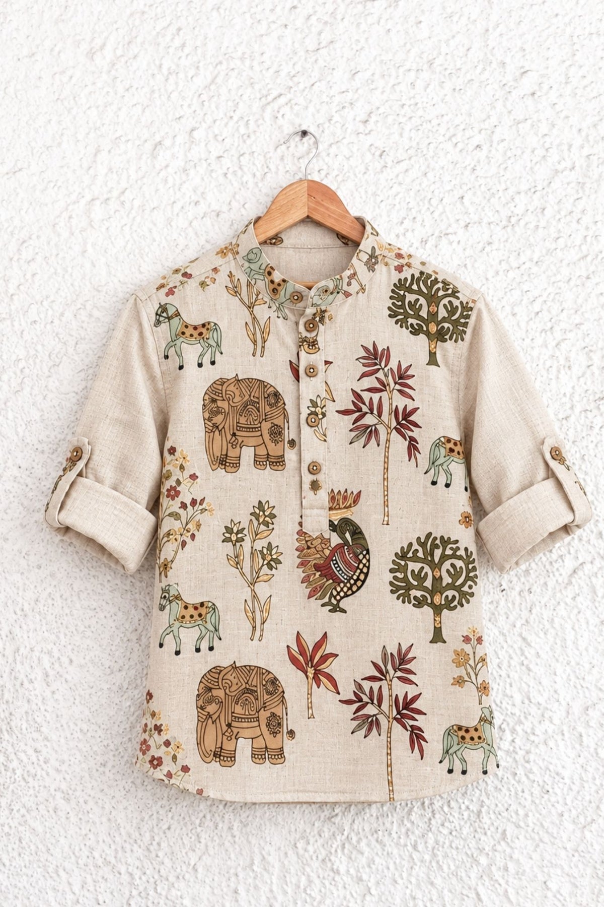 Beige Animal & Nature Embroidered Pure Linen Kurta