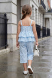 Girls Blue Striped Ruffle Co-Ord Set with Butterfly Applique