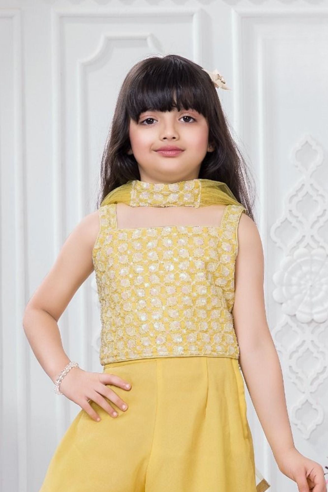 Yellow Embroidered Palazzo Set For Girls