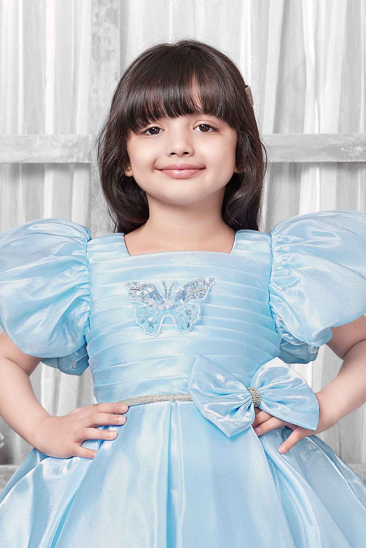 Sky Blue Puff-Sleeve Party Frock With Butterfly Embellishment For Girls