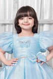 Sky Blue Puff-Sleeve Party Frock With Butterfly Embellishment For Girls