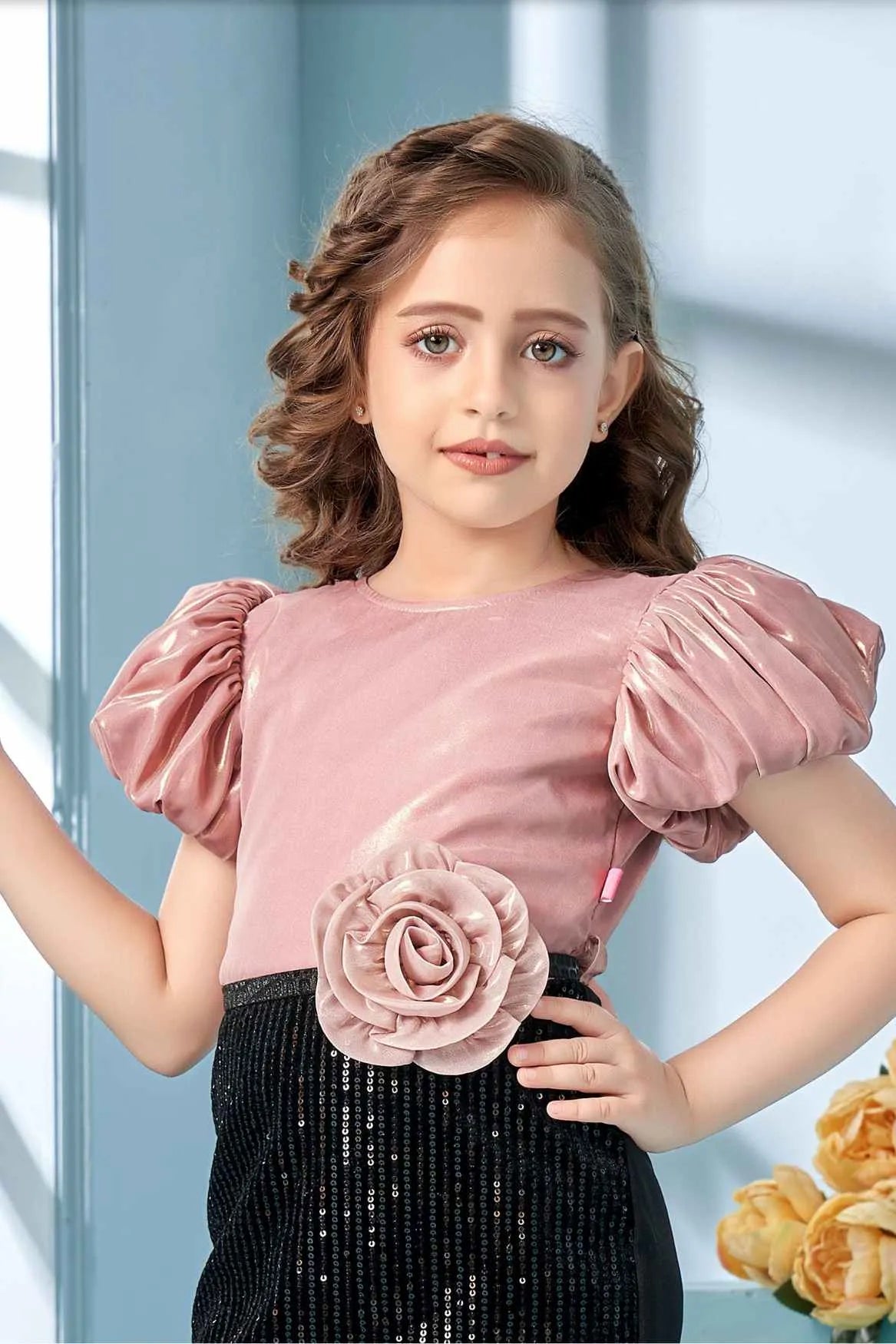 Pink Velvet Partywear Dress with Black Sequins Work  & 3D Rose Waist Appliqué  For Girls