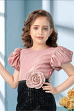 Pink Velvet Partywear Dress with Black Sequins Work  & 3D Rose Waist Appliqué  For Girls