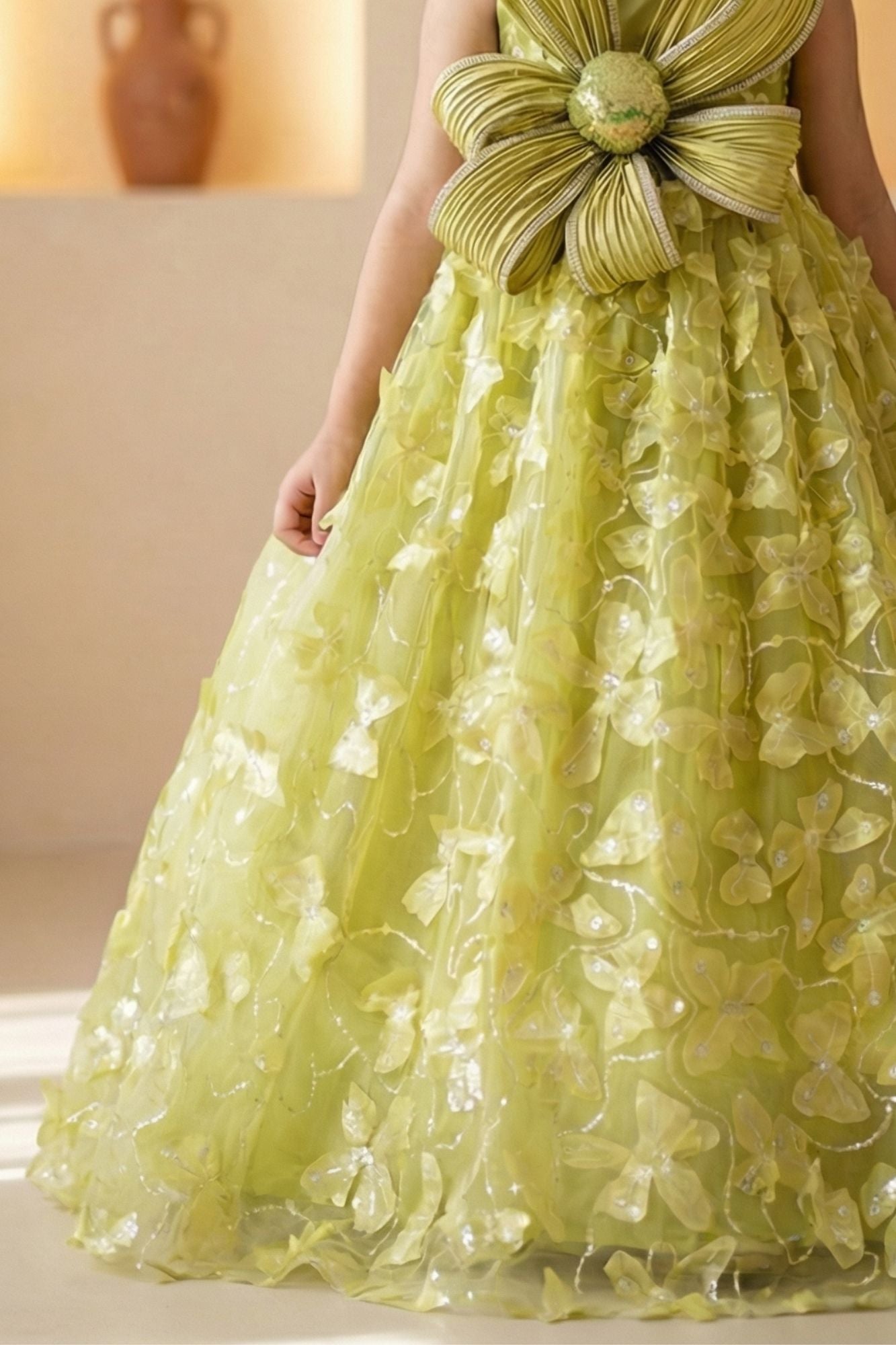 Girls Green Floral  Party Gown with Statement Bow