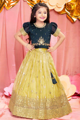 Navy Blue And Yellow Puff Sleeves And Sequin Embroidered Pattu Pavadai Set For Girls