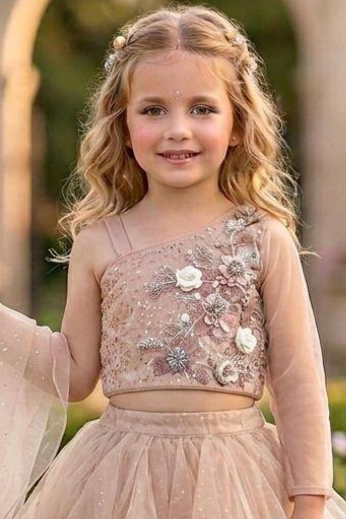 Blush Pink Floral Ruffle Lehenga Choli For Girls