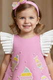 Baby Pink Ice Cream Appliqué Party Wear Frock with Pleated Ruffle Sleeves For Girls