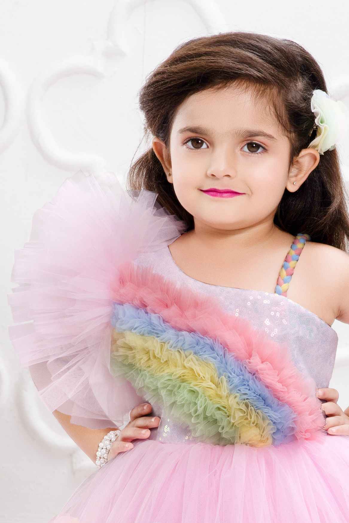 Pink Net Gown With Rainbow Pattern Ruffle Design For Girls