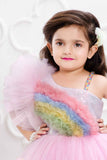 Pink Net Gown With Rainbow Pattern Ruffle Design For Girls
