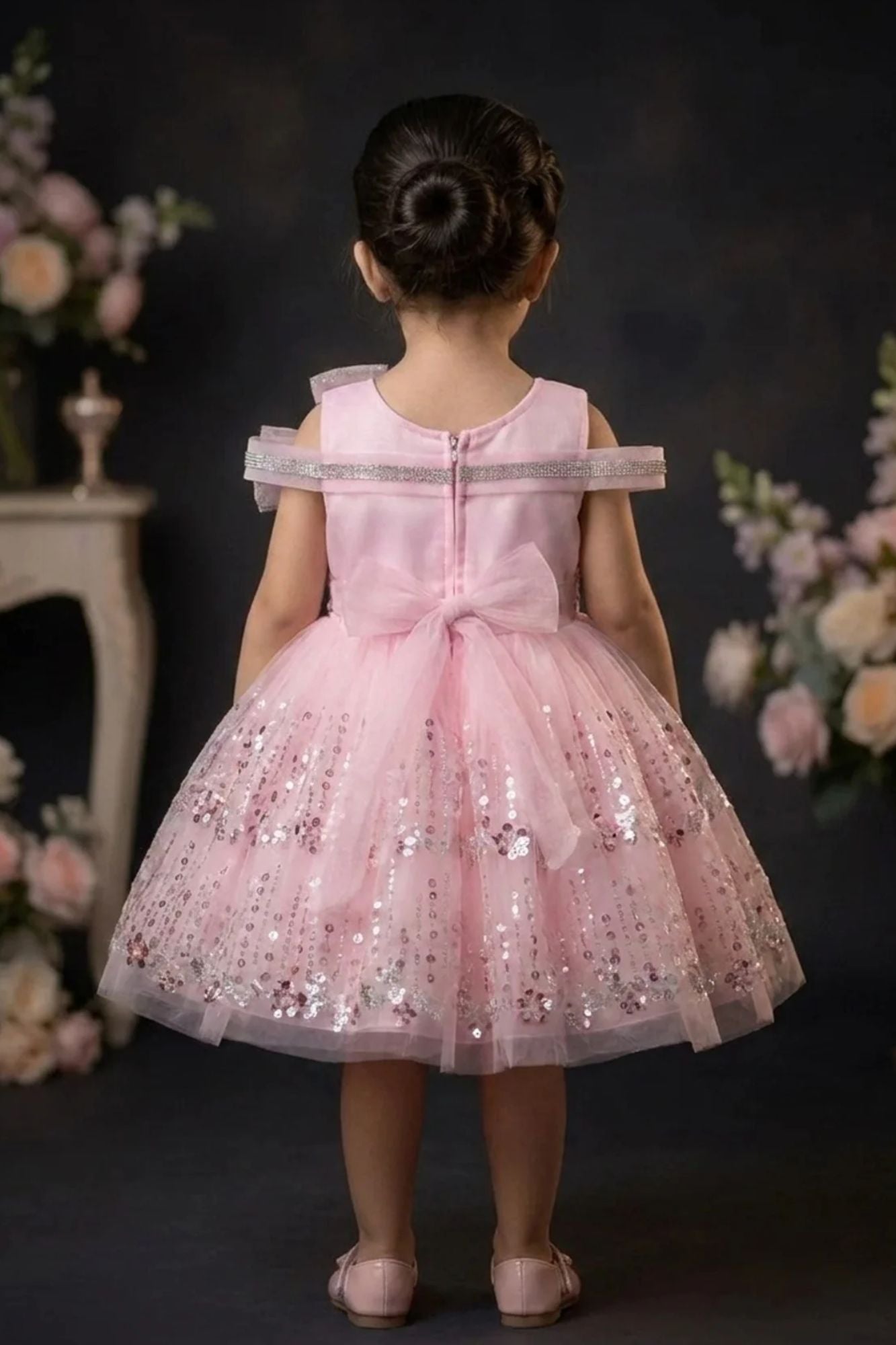 Girls Pink Sequinned Party Wear Frock with Bow Detail