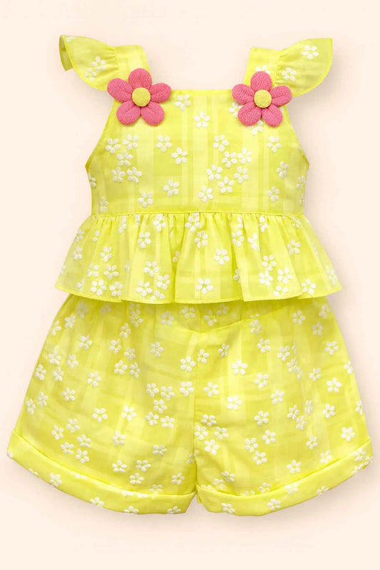 Daisy Bloom Yellow Peplum Top & Shorts Co-ord Set for Girls