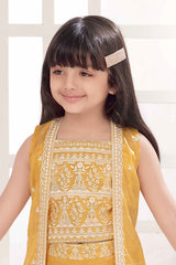 Mustard Sequins Work And Thread Work Palazzo Set With Overcoat For Girls