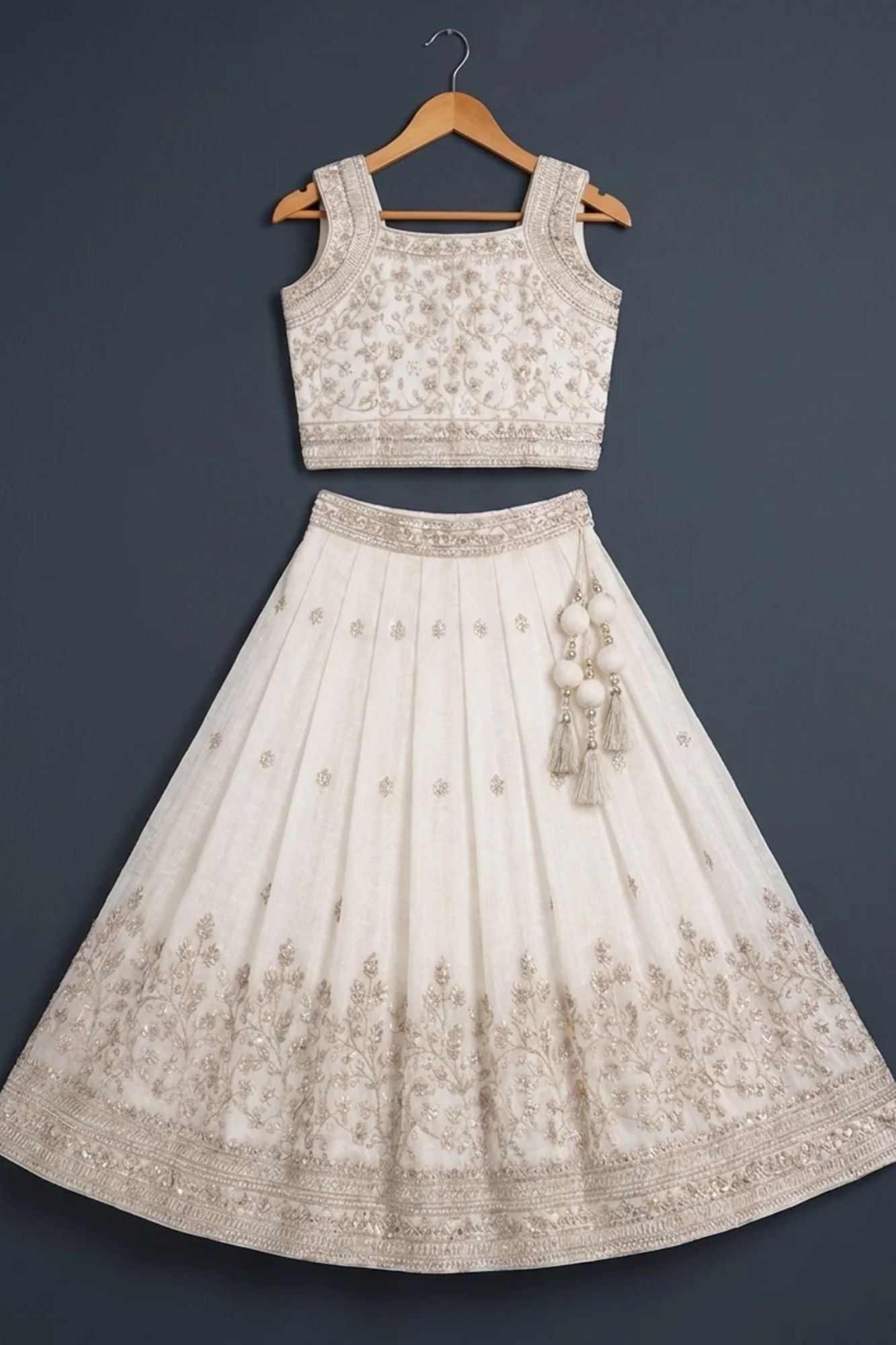 Girls Cream Embroidered Lehenga Choli Set with Dupatta