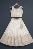 Girls Cream Embroidered Lehenga Choli Set with Dupatta