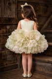 Girls Light Olive Green Party Wear Frock With Sequin Bodice And 3D Organza Petal Detailing
