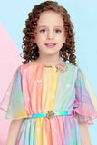 Rainbow Frock With Circle Sleeves And Pearl Brooch For Girls